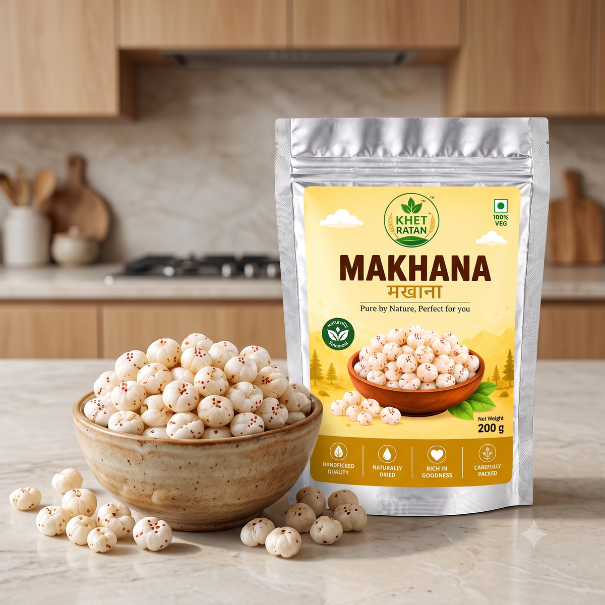 Khet Ratan Premium Phool Makhana (Fox Nuts) - 6+ Suta Handpicked Jumbo Makhana, No Size Mixing, 100% Pure & Natural, Plant-Based & Gluten-Free Healthy Snack.
