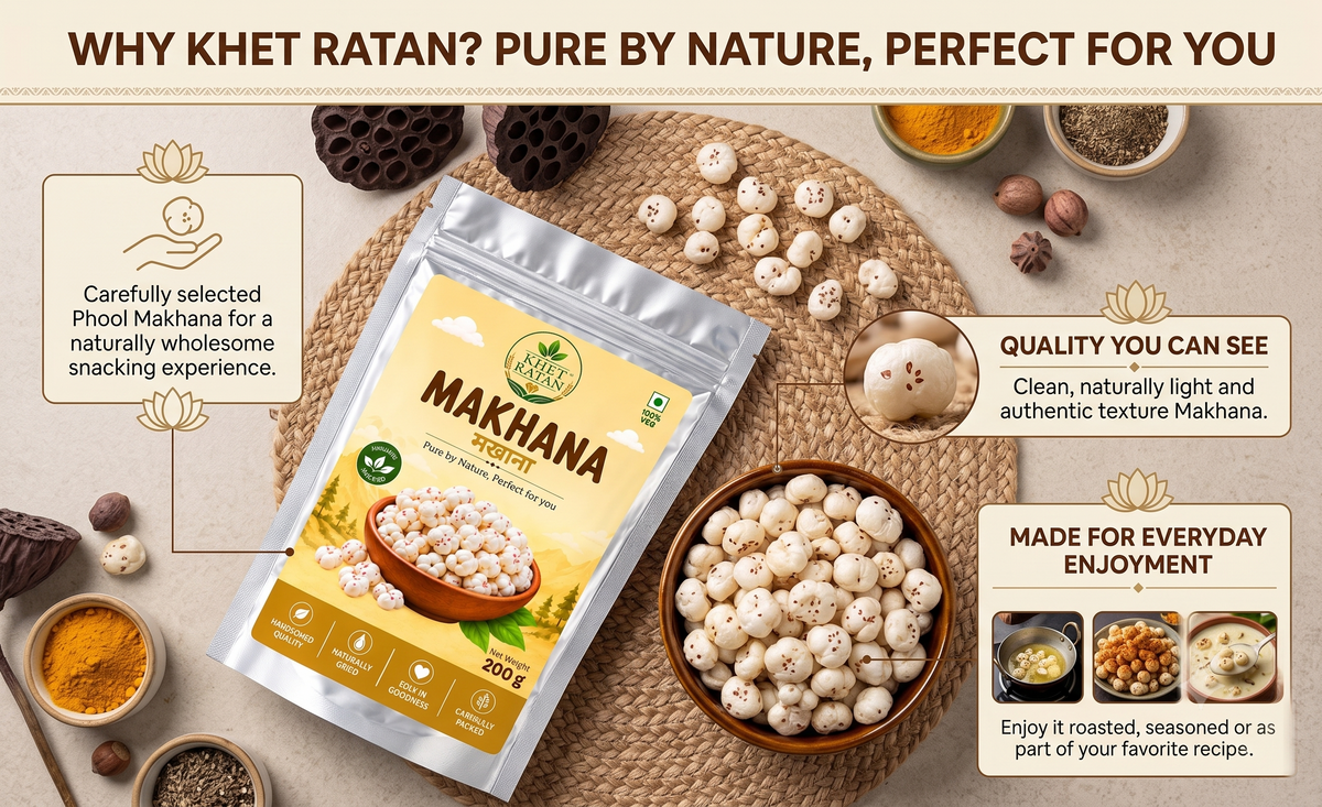 Khet Ratan Premium Phool Makhana (Fox Nuts) - 6+ Suta Handpicked Jumbo Makhana, No Size Mixing, 100% Pure & Natural, Plant-Based & Gluten-Free Healthy Snack.