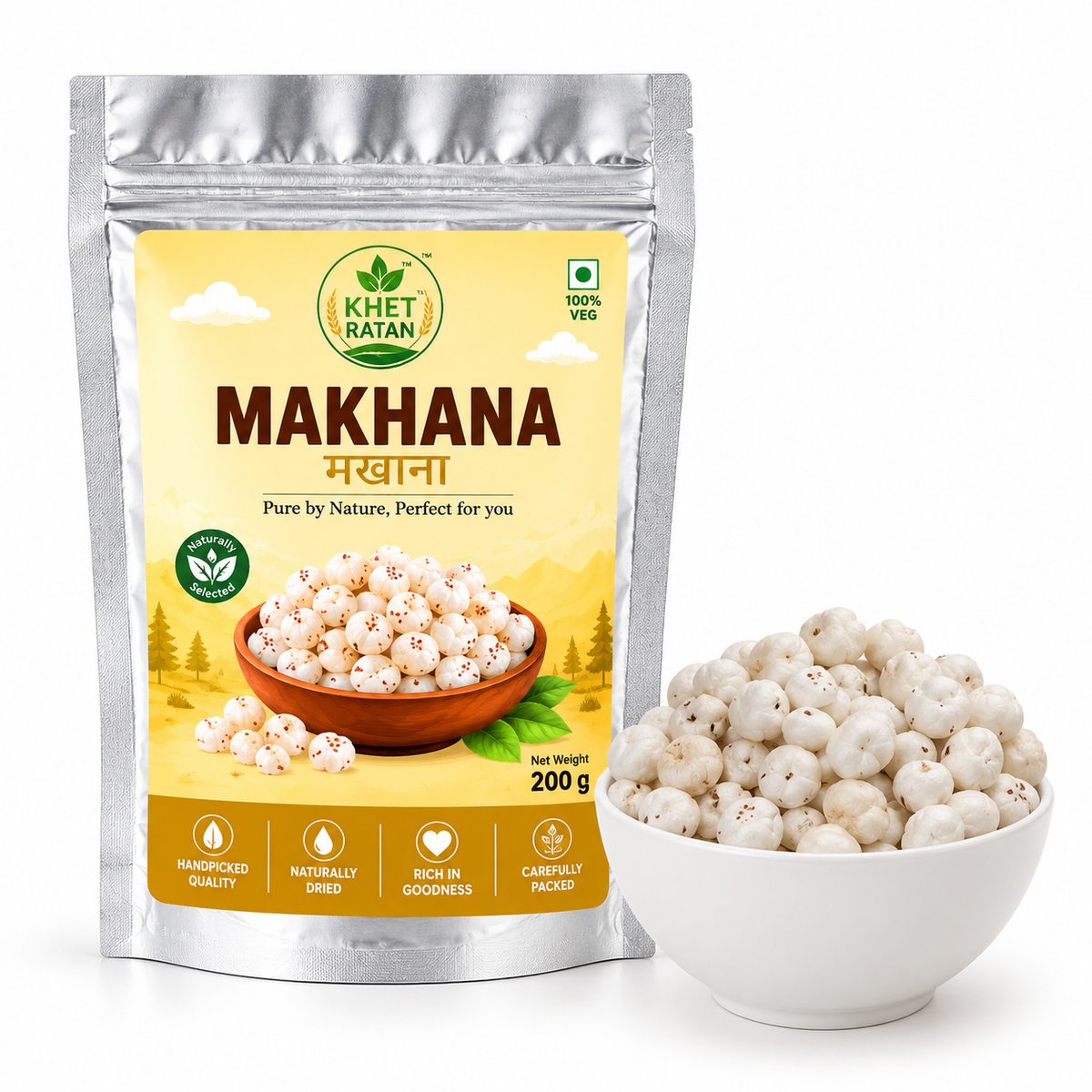 Khet Ratan Premium Phool Makhana (Fox Nuts) - 6+ Suta Handpicked Jumbo Makhana, No Size Mixing, 100% Pure & Natural, Plant-Based & Gluten-Free Healthy Snack.
