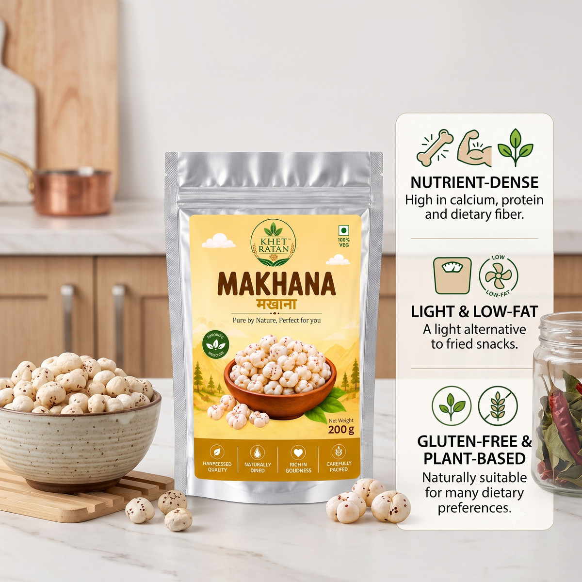 Khet Ratan Premium Phool Makhana (Fox Nuts) - 6+ Suta Handpicked Jumbo Makhana, No Size Mixing, 100% Pure & Natural, Plant-Based & Gluten-Free Healthy Snack.