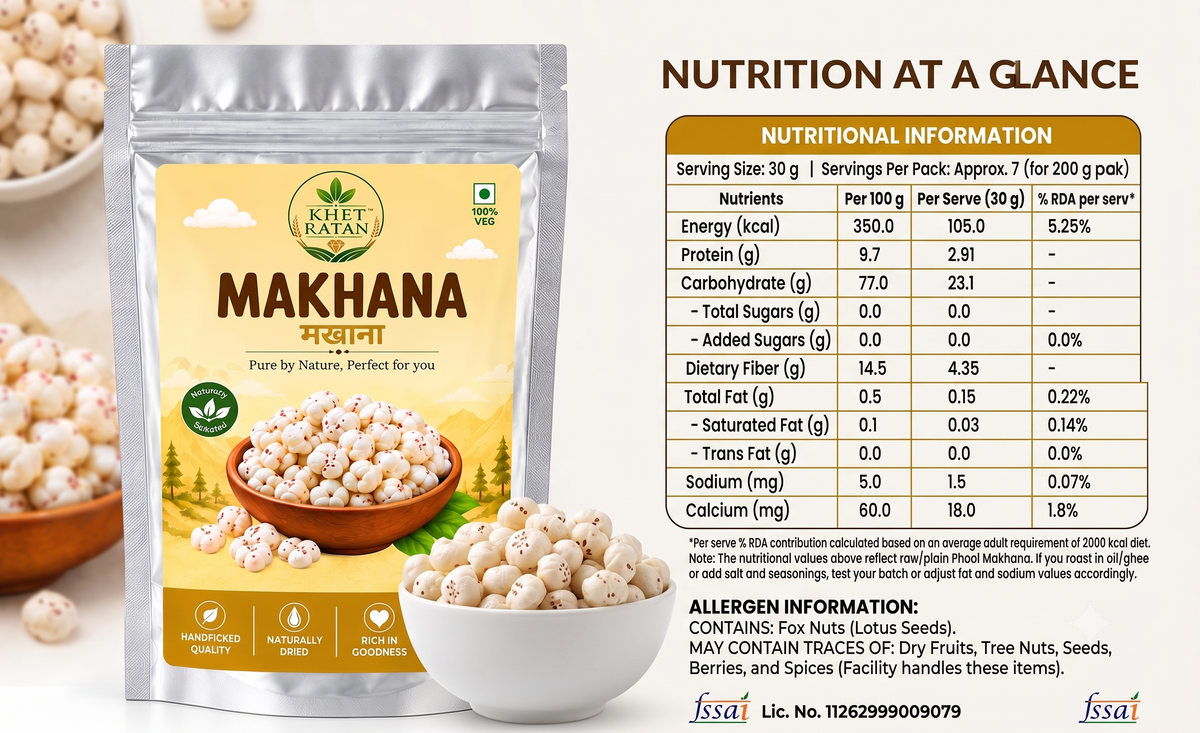 Khet Ratan Premium Phool Makhana (Fox Nuts) - 6+ Suta Handpicked Jumbo Makhana, No Size Mixing, 100% Pure & Natural, Plant-Based & Gluten-Free Healthy Snack.