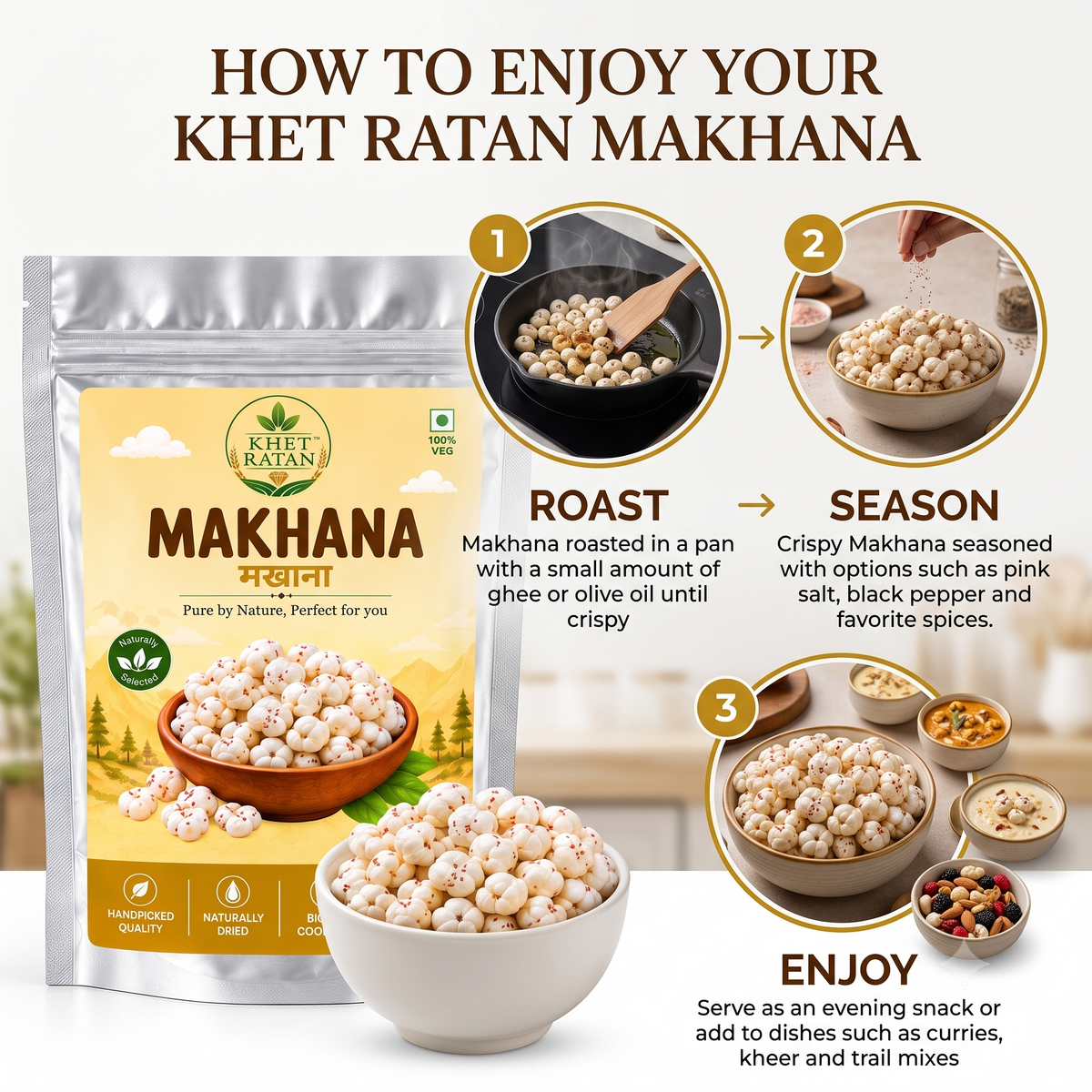 Khet Ratan Premium Phool Makhana (Fox Nuts) - 6+ Suta Handpicked Jumbo Makhana, No Size Mixing, 100% Pure & Natural, Plant-Based & Gluten-Free Healthy Snack.