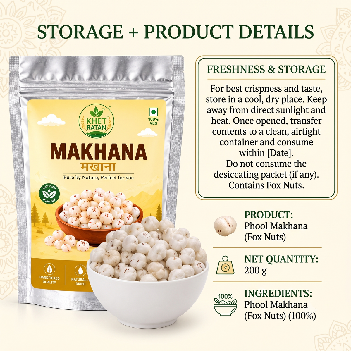Khet Ratan Premium Phool Makhana (Fox Nuts) - 6+ Suta Handpicked Jumbo Makhana, No Size Mixing, 100% Pure & Natural, Plant-Based & Gluten-Free Healthy Snack.