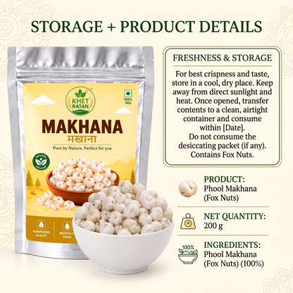 Khet Ratan Premium Phool Makhana (Fox Nuts) - 6+ Suta Handpicked Jumbo Makhana, No Size Mixing, 100% Pure & Natural, Plant-Based & Gluten-Free Healthy Snack.