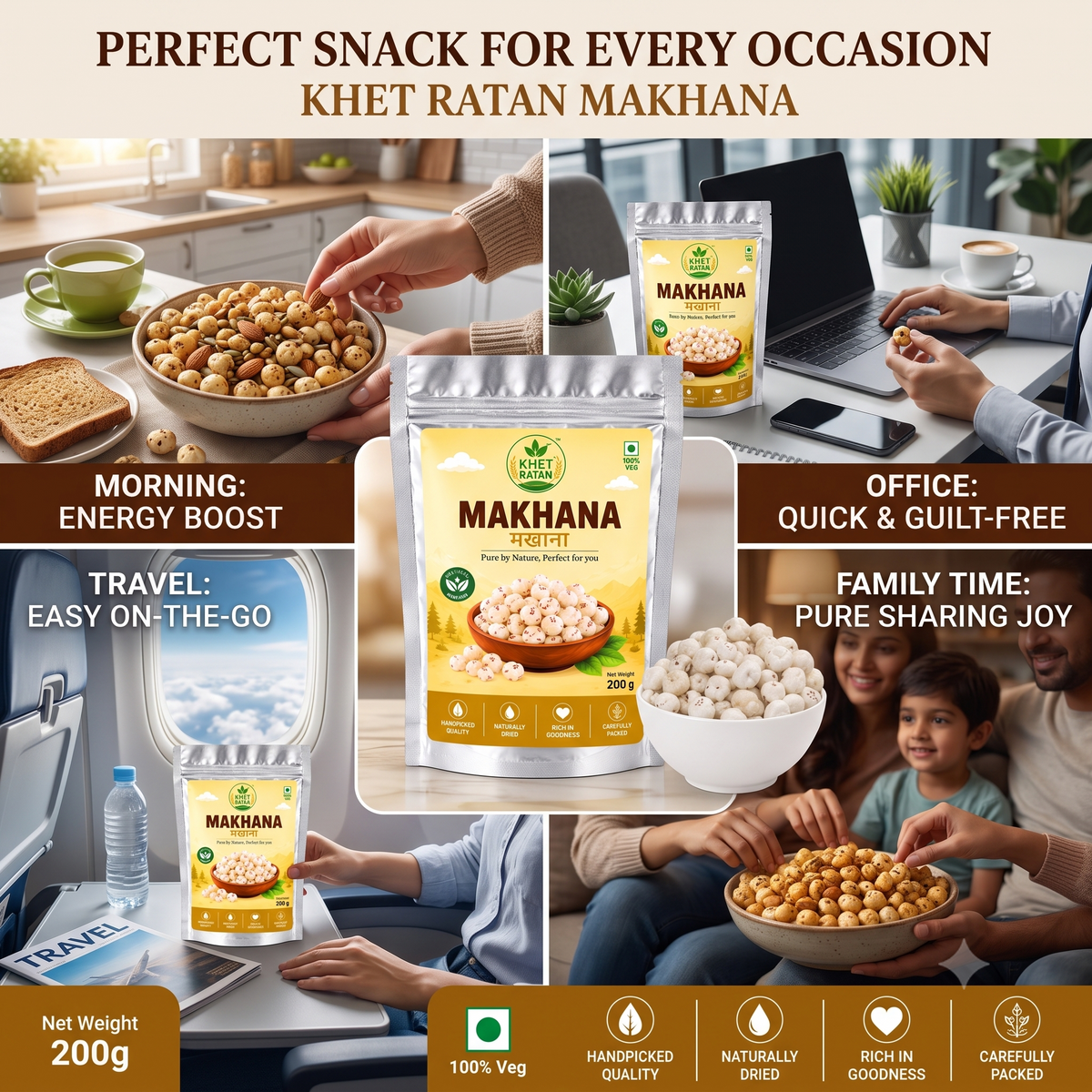 Khet Ratan Premium Phool Makhana (Fox Nuts) - 6+ Suta Handpicked Jumbo Makhana, No Size Mixing, 100% Pure & Natural, Plant-Based & Gluten-Free Healthy Snack.